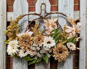 Toffee Cream Modern Neutral Fall Wreath, Beige Sunflower Wreath, Autumn Door Wreath with Sunflowers & Seeded Stems with Bow, Pumpkin Wreath