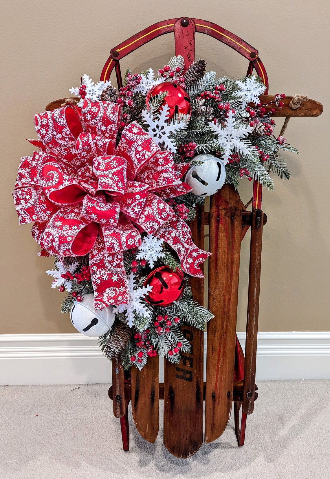 Christmas Sled Holiday Sled Vintage Sled Decorated Sled Etsy Decorated Sled For Christmas