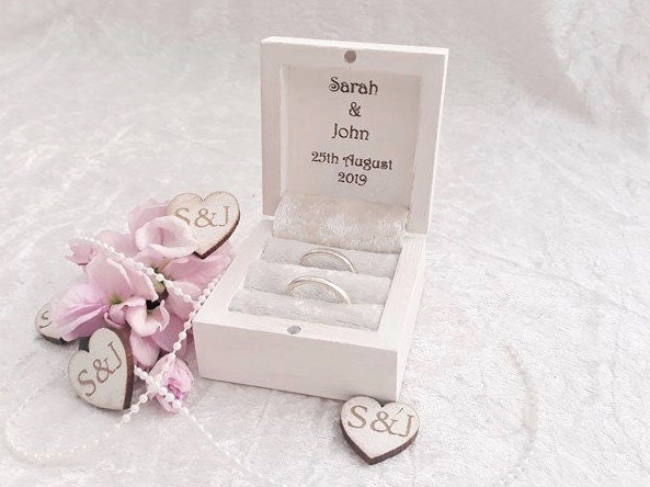 Luxury Personalised White Wooden Double Wedding Ring Bearer Box Ring Pillow 