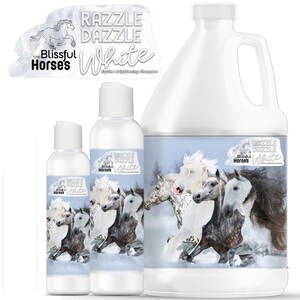 May include: Three bottles of horse shampoo in different sizes. The bottles are white with a blue label that says "Razzle Dazzle White" and "The Blissful Horses". The label also features a white horse with a blue background.