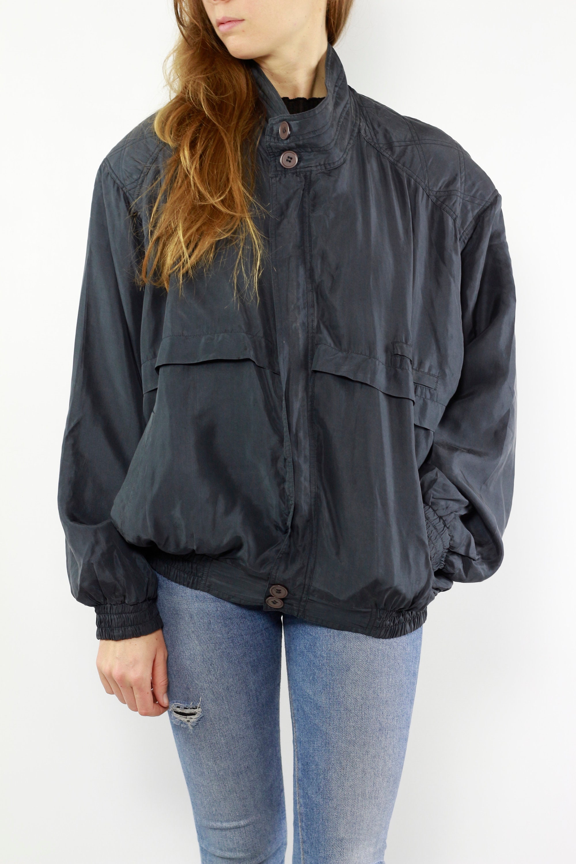 Silk Bomber Jacket Silk Jacket Grey Silk Jacket Women Vintage Silk