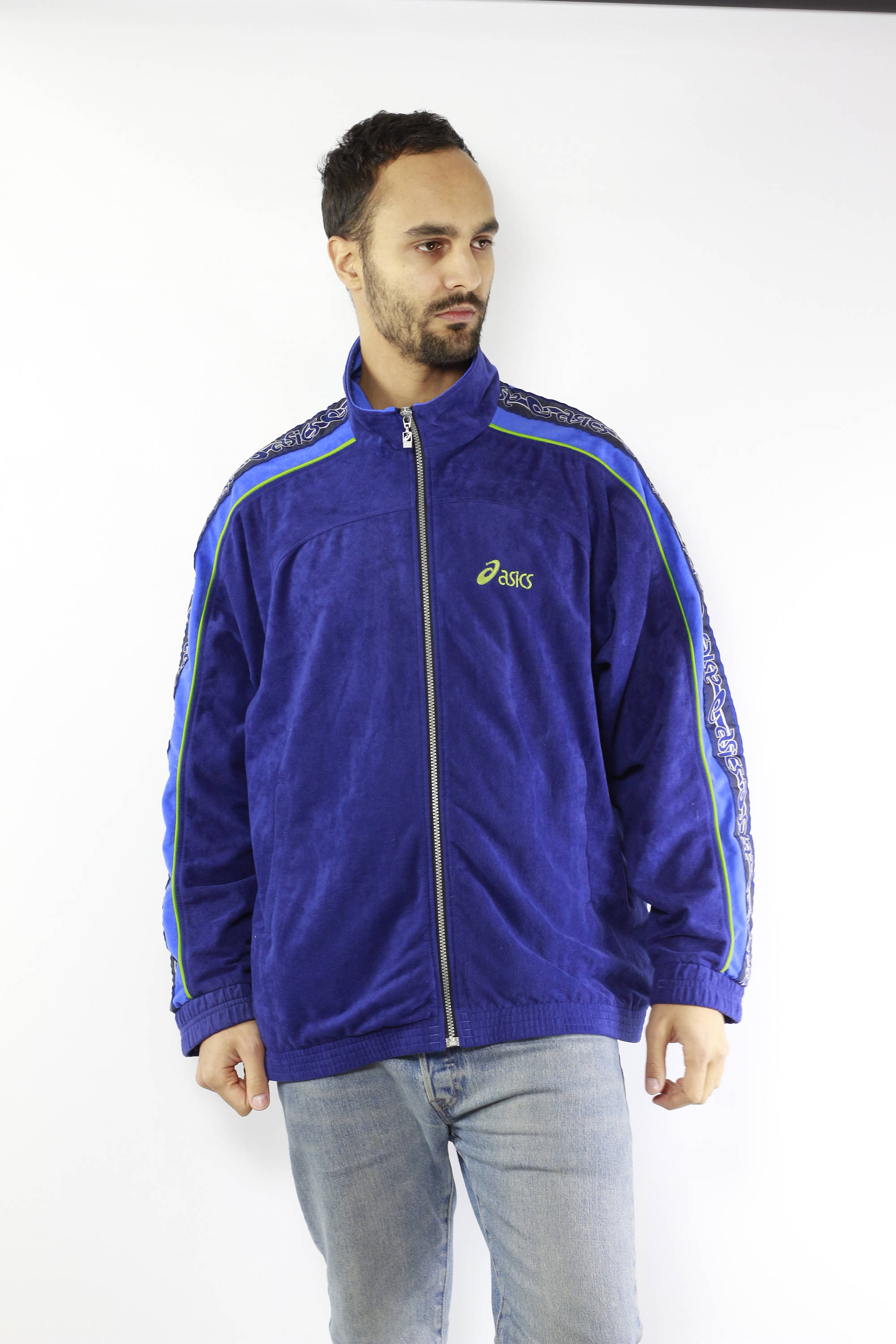 dark blue light blue and white windbreaker