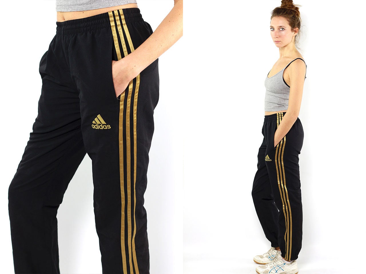 black adidas pants with gold stripes
