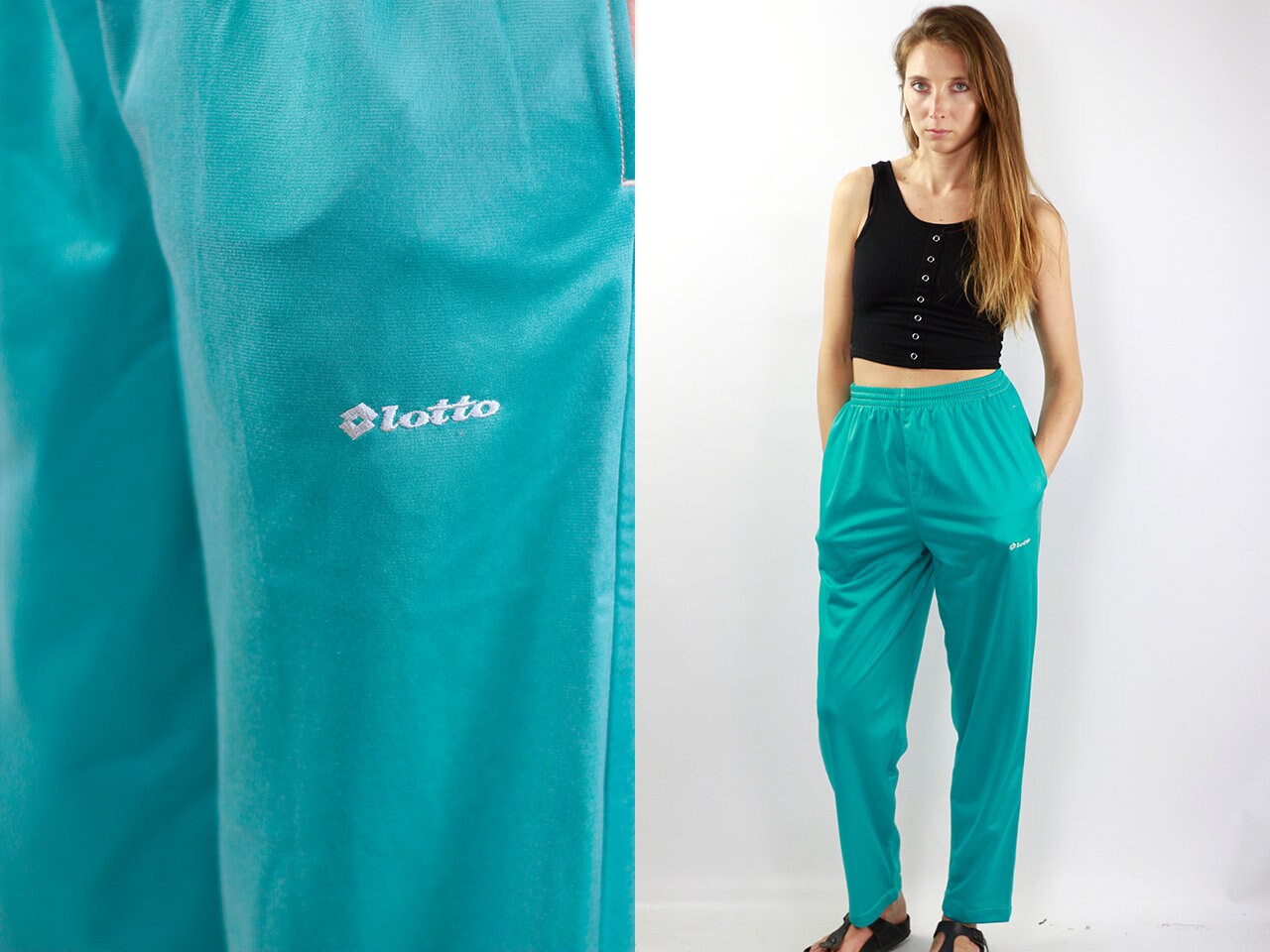 turquoise track pants