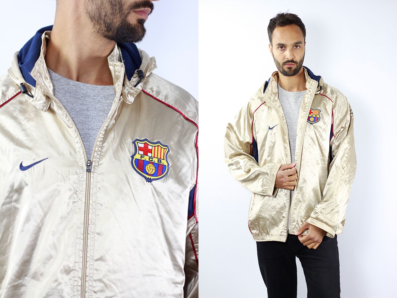 white nike windbreaker with gold logo