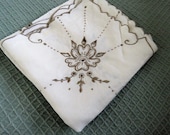 Vintage coffee and cream cutwork embroidered square linen tablecoloth