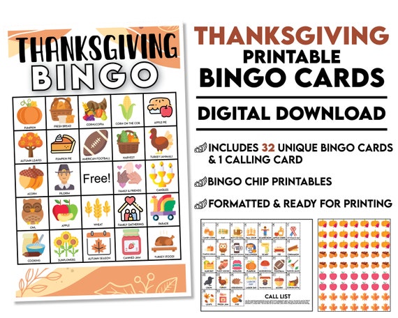 DIGITAL DOWNLOAD 32 Thanksgiving Printable Bingo Cards includes Calling Card and Chips Il_570xn