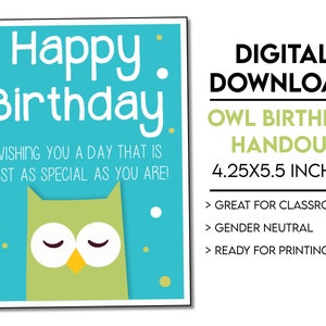 DIGITAL DOWNLOAD Owl Themed Birthday Handout Great for Classrooms image 1