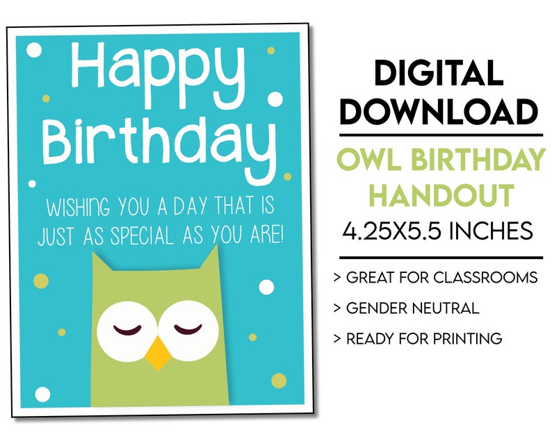 DIGITAL DOWNLOAD Owl Themed Birthday Handout Great for Classrooms image 1