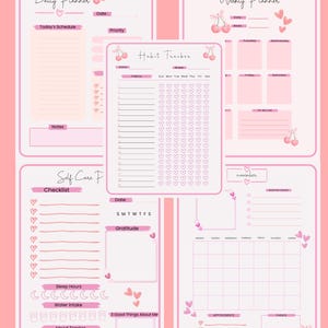 Puede incluir: Páginas de planificador imprimibles rosas con ilustraciones de cerezas y corazones. Incluye un planificador diario, semanal, un rastreador de hábitos, una lista de verificación de autocuidado y un calendario de noviembre.