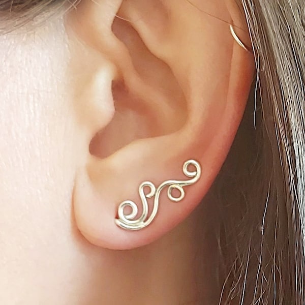 Curly Silver Ear Climber, minimalistische handgemaakte oorpin, zilveren oorklimmer, minimalistische oorcrawler, oorcrawler, zilveren oorbel
