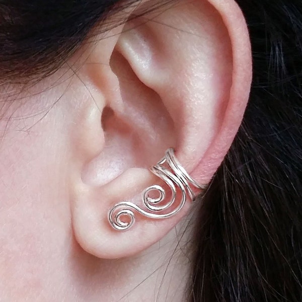 Silver Ear Cuff, Curly Ear Wrap, Swirly Silver Ear Cuff, No pierce Earring, Fake piercing, Silver Ear Wrap, Boho Ear Cuff, Cartilage Earring