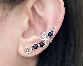 Silver Ear Cuff/Purple Crystals Earcuff/Non Piercing/Silver plated Ear Wrap/Wedding Ear Wrap/ Graduation Ear Cuff/ Faux Piercing/ Conch