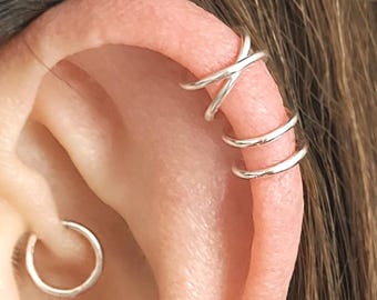 Mix Hoop Ear Cuff Ring【Silver925】 Criss Cross Ear Cuff, Sterling Silver Cross Over Ear Cuff, Double