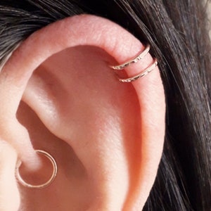 Hammered Rose Gold Filled Helix Hoops, Fake Helix Ring, Two Ring Helix, Ear Cuff, Helix, Sterling Silver Helix, No Piercing Helix,Helix Ring