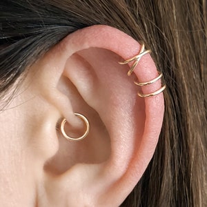 Criss Cross Ear Cuff, Sterling Silver Cross Over Ear Cuff, Double Ear Hoops, Ear Cuff Set , Hoop Set, Gold Helix Ring, Cartilage Ear Set image 2