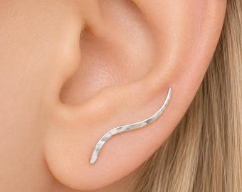 Silver Gold Ear Climber, Minimalist Wavy Ear Climber, Silver hammered ear climber, Minimalist Ear crawler, Ear Crawler, Silver Ear Pins