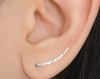 Silver Ear Climber Minimalist Ear Crawler Earrings Silver Hammered Ear Pin Minimalist Curved Earring Bar Silver hammered ear climber
