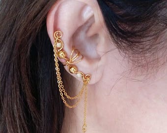 Gold Ear Cuff/Chain Earcuff/24K Gold Plated Ear Wrap/Bridal EarCuff/Gold Bridesmaid Cuff/No Piercing/Elegant Ear Wrap/Gold Ear Cuff/Conch