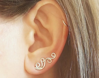 Curly Silver Ear Climber, Minimalist Handmade Ear Pin, Silver Ear climber, Minimalist Ear crawler, Ear Crawler, Silver Earring