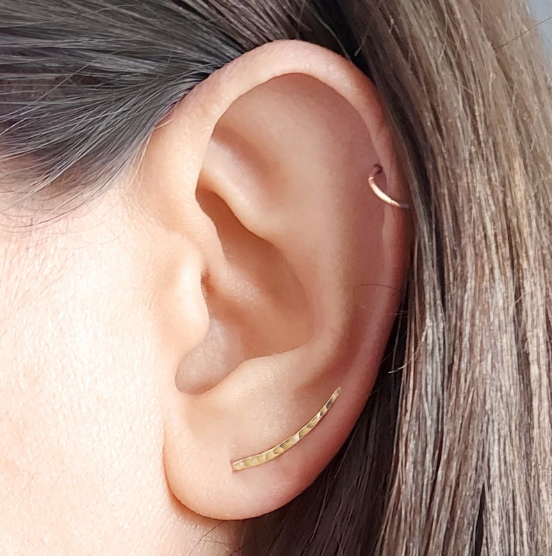 Gold Ear Climber, Minimalist Ear Crawler, Minimalist Earrings, Silver Hammered Ear Climber, Ear Crawler, Gift for Her image 1