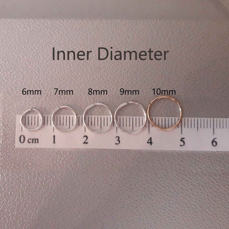Puede incluir: Una regla muestra cinco peque&ntilde;os pendientes de aro con di&aacute;metros interiores de 6 mm, 7 mm, 8 mm, 9 mm y 10 mm. El aro de 10 mm es de color dorado, mientras que los otros son plateados. El texto "Inner Diameter" est&aacute; arriba.
