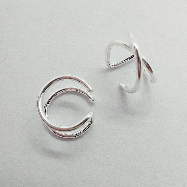 Criss Cross Ear Cuff, Sterling Silver Cross Over Ear Cuff, Double Ear Hoops, Ear Cuff Set , Hoop Set, Gold Helix Ring, Cartilage Ear Set image 4