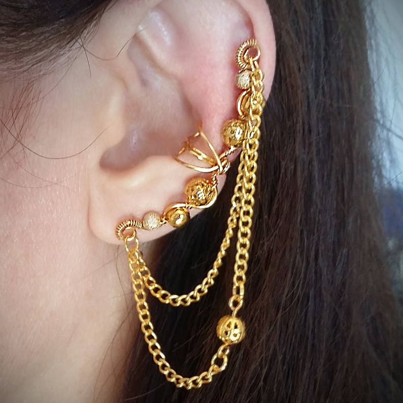 Large Gold Filligree Ear Cuff With Chain 24K Gold Plated Ear Etsy