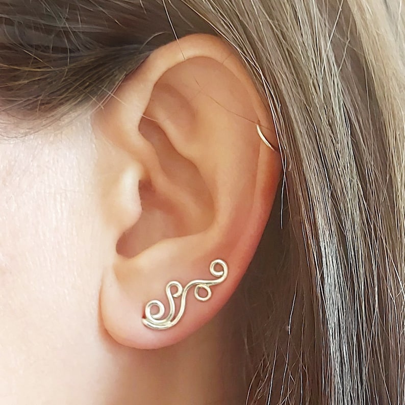 Curly Silver Ear Climber, Minimalist Handmade Ear Pin, Silver Ear climber, Minimalist Ear crawler, Ear Crawler, Silver Earring image 1