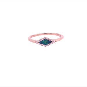 May include: A delicate rose gold ring with a green opal gemstone set in a diamond halo.