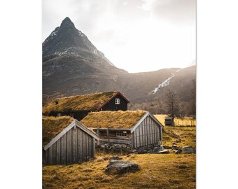 Innerdalen Mountain Landscape Poster - Moody Norwegian Valley Art - Scenic Waterfall Print