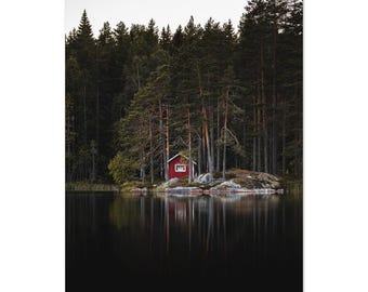 Scandinavian Forest Reflection - Photo Poster - Red Swedish Cabin in Tranquil Lake