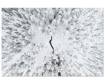 Stunning Snowy Forest Drone Photo - Black & White Poster with Flowing River - Scandinavian Art