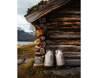 Nostalgic Innerdalen Norway Poster - Vintage Cabin & Milk Cans Print - Rustic Home Decor