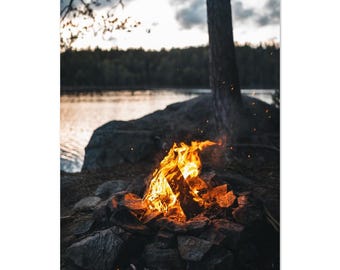 Cozy Campfire in Forest Poster - Serene Lake View Art from Sweden - Nature Decor Gift