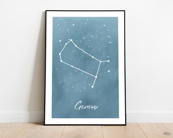 Digitale download sterrenbeeld Tweeling, zodiak Gemini, sterrenstelsel Print, sterrenbeeld poster