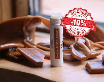 English Toffee Lip Balm. Sensitive Skin. 100% Natural. Alcohol Free. Gluten Free. .15oz