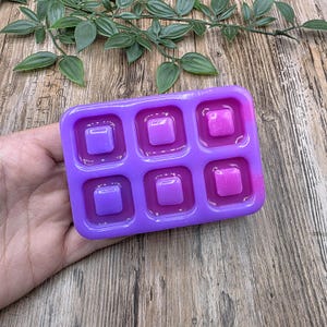 Peut inclure: Un moule en silicone violet avec six cavités carrées. Le moule est rempli d'une résine transparente teintée de violet.