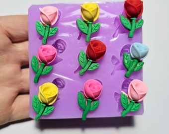 Flexible silicone mold set of 9 roses with 3D stem 2.7 cm