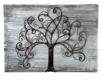 Reclaimed Wood Tree of Life Wall Art: Rustic Metal Tree Decor