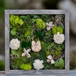 Preserved Moss Wall Art Frame: Handmade Vertical Garden with Air Plants & Custom Love Lock