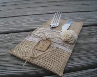 Burlap Silverware Holder, Rustic Wedding, Flower Cutlery Holder, Table Decor Home Kitchen Decoration Gift Idea