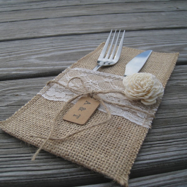 Burlap Silverware Holder, Rustic Wedding, Flower Cutlery Holder, Table Decor Home Kitchen Decoration Gift Idea