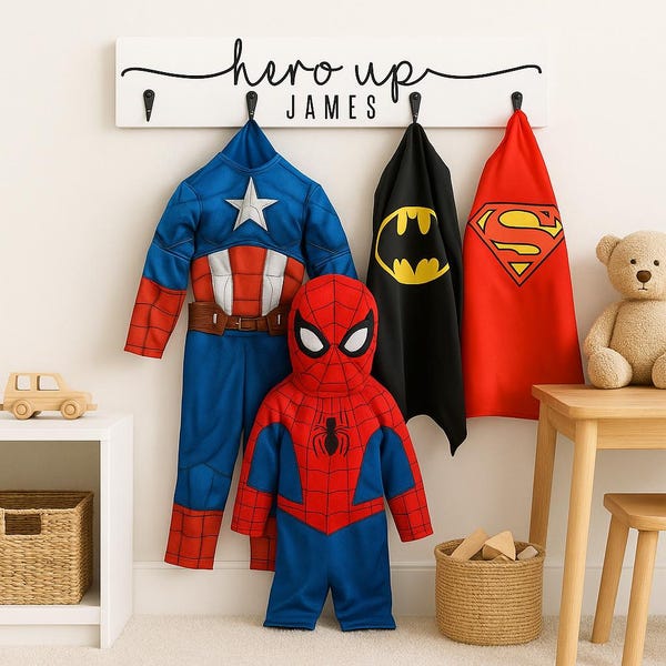 Personalised Costume Display Sign | Kids Playroom Decor, Wooden Hooks