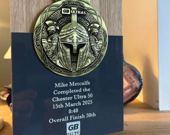 Personalised Ultra Marathon Medal Display, Engraved Solid Oak Trophy GB Ultras