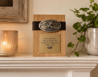 Centurion Running Ultra Buckle Medal Display, Engraved Solid Oak Trophy with Real Leather Belt