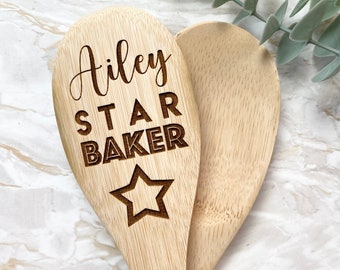Personalised Star Baker Wooden Spoon & Spatula Set | Childrens Baking Supplies | Kitchen Utensils | Bake Off Gift | Engraved Gift