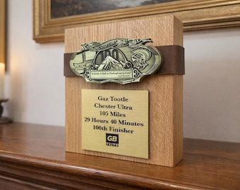 GB Ultra Buckle Medal Display, Engraved Solid Oak Trophy with Real Leather Belt