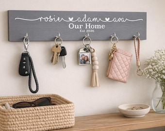 Personalised Wooden Plaque With Key Hooks Family Names Gift New home - Multiple Sizes and Colours