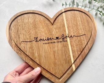 Engraved Acacia Wood Serving Board Heart Detail- Personalised Wedding, Anniversary Gift